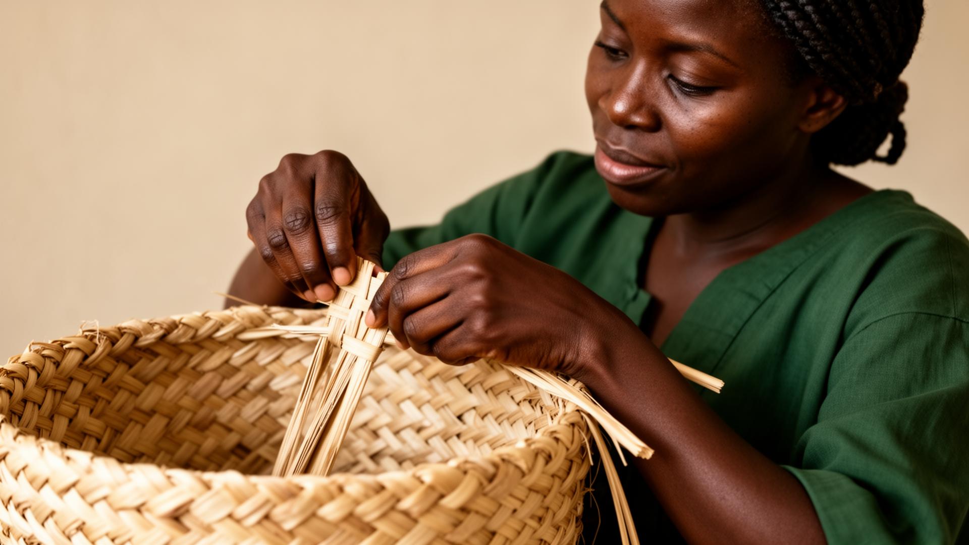 Malagasy artisan hand-weaving a premium raffia basket