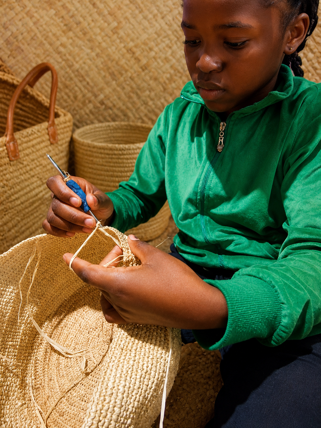 Young Malagasy artisan hand-weaving a premium raffia hat surrounded by woven baskets — Fibers Natural workshop, Madagascar